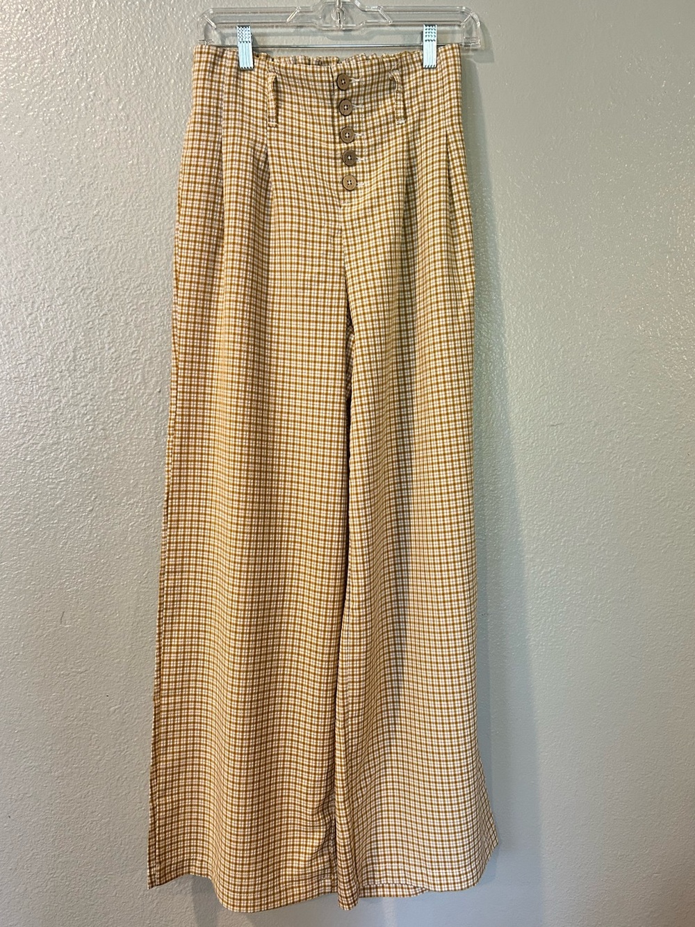 Forever 21 Gingham Wide Leg Pants High Waisted Tan Yellow Medium